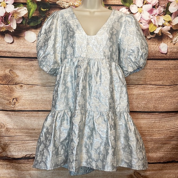 Puff Sleeve Jacquard Silver Blue Dress - Picture 5 of 13